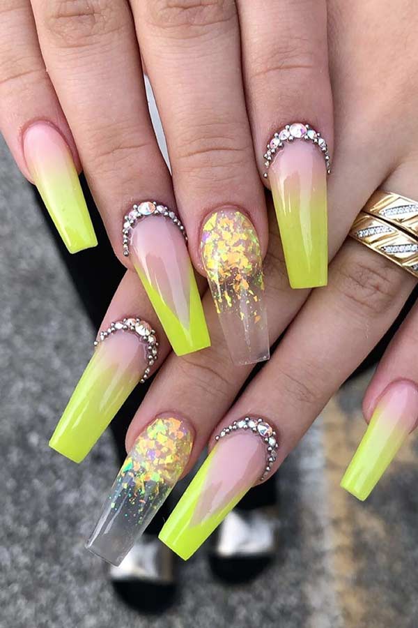 Ombre Neon Yellow Nails with Rhinestones