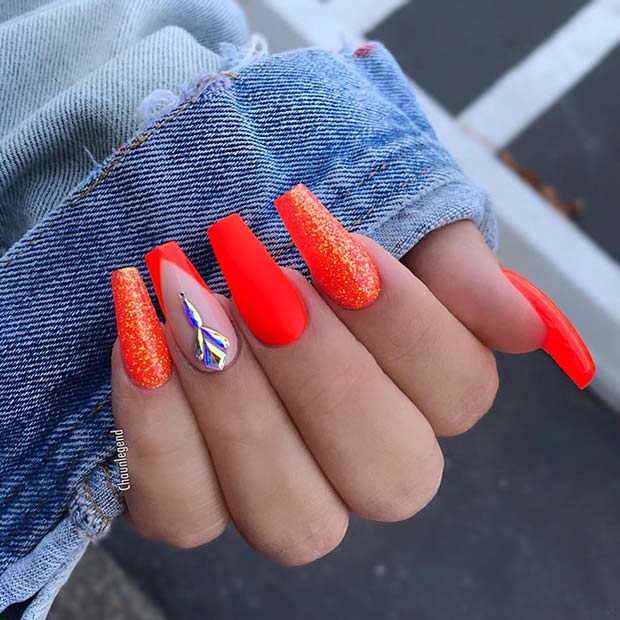 Neon Orange Glitter Nails