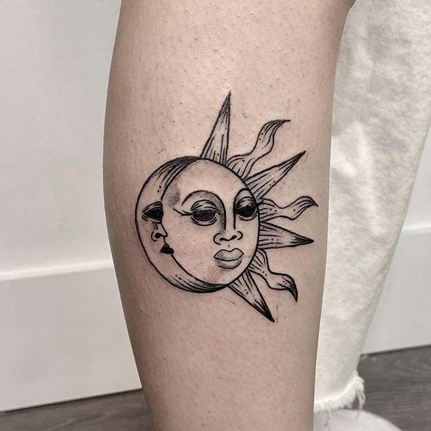 Sun and Crescent Moon with Faces