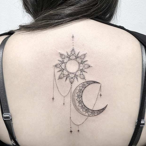 Ornamental Sun and Moon Back Tattoo Idea
