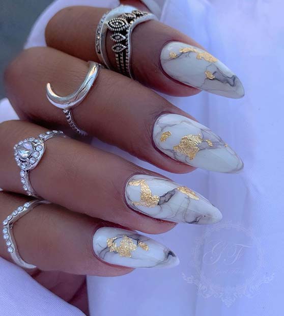 White, Marble and Gold Nails