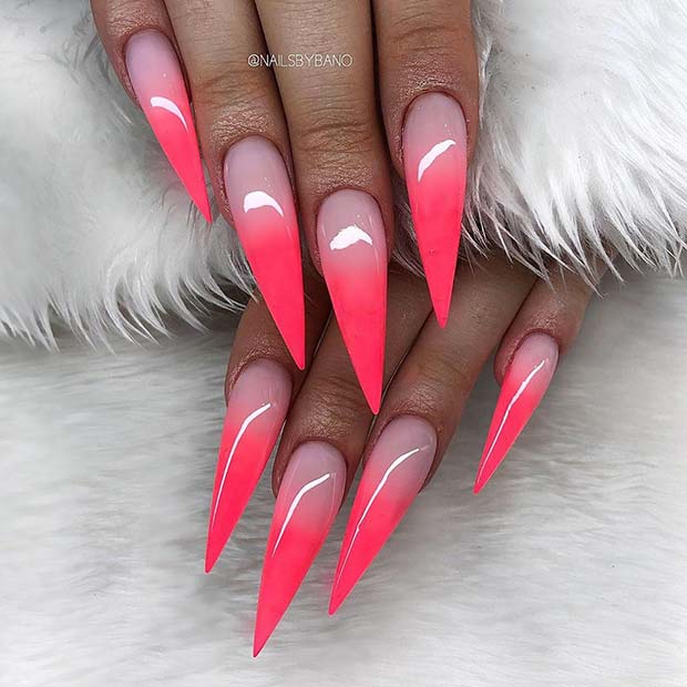 Bold Pink Ombre Stiletto Nails