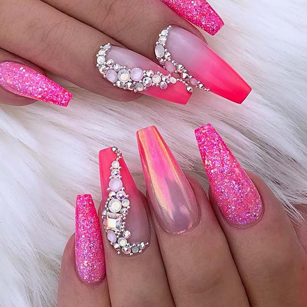 Chrome Ombre Nails With Glitter and Rhinestones