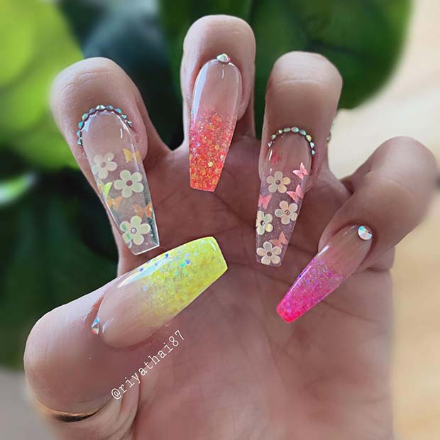 Colorful Ombre Nails with Flowers
