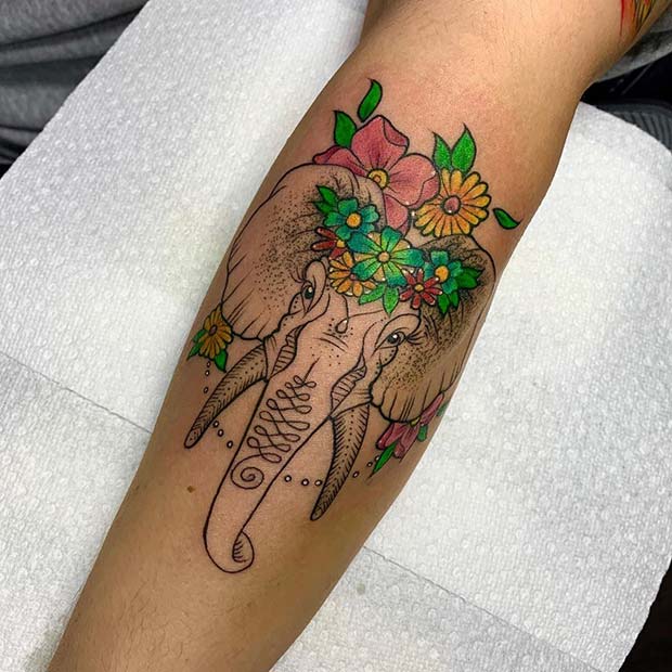 Elephant Tattoo with Bright Flowers