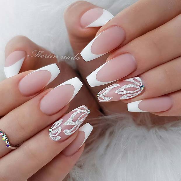 White Nails With Glitter Tips