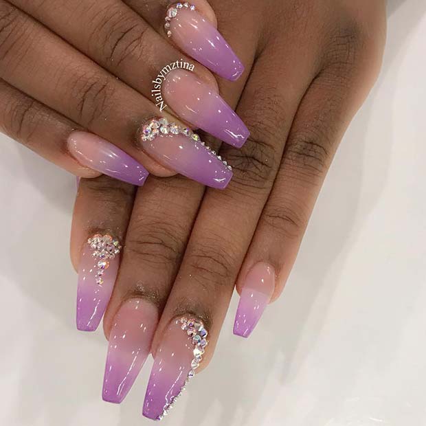 Lavender Ombre Nails with Rhinestones