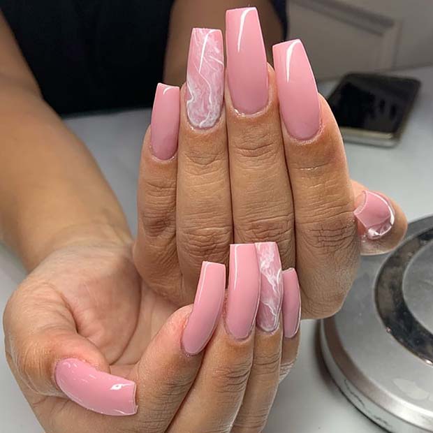 Light Pink Nails with White Marble Art