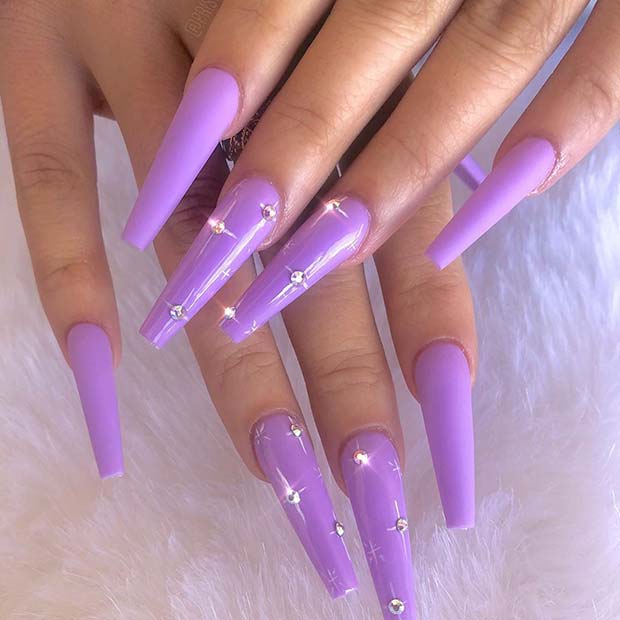 Long Purple Nails with Rhinestones