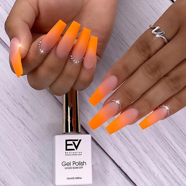 Neon Orange Ombre Nails with Rhinestones