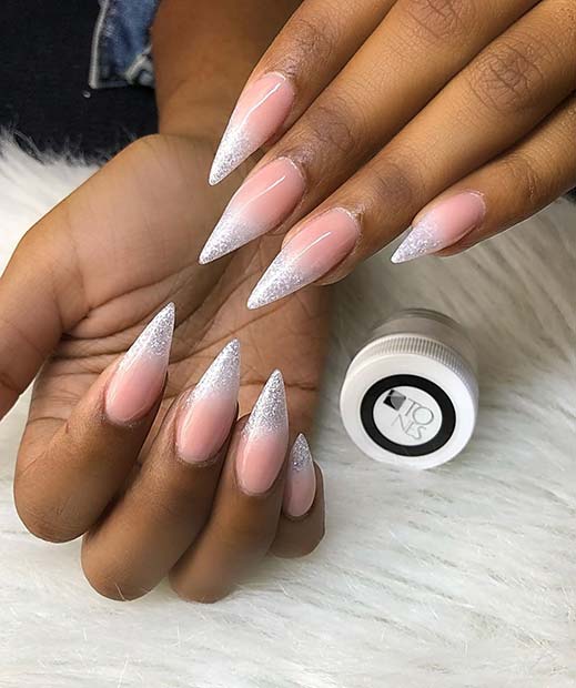 Nude Nails with White Glitter Tips