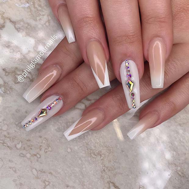 Ombre and White Tips with Rhinestones