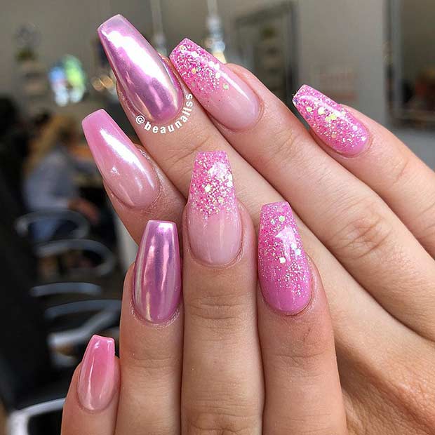 Pink Glitter and Chrome Nails