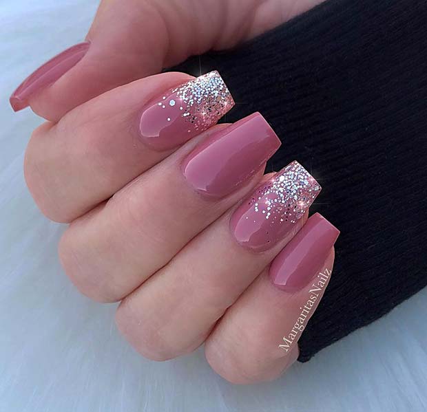 Pink Nails with Silver Glitter