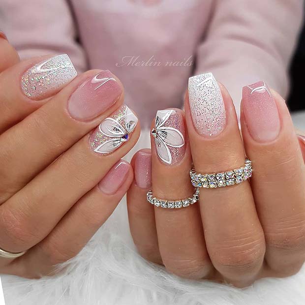 Pink and White Glitter Mani with Flowers