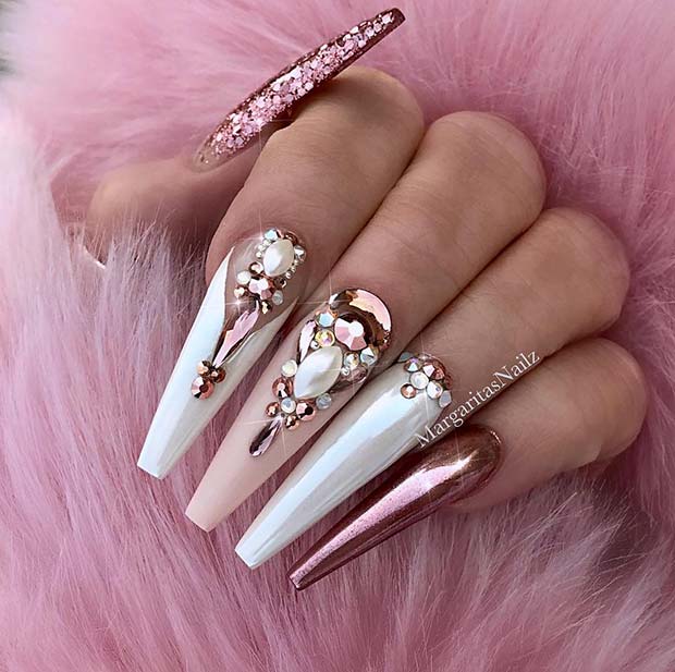 Rose Gold and White Mani with Sparkle