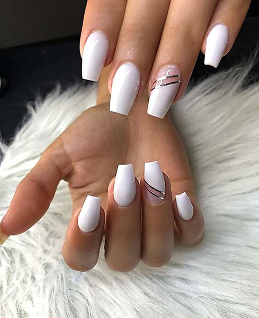 Short Coffin Nails with Silver Stripes