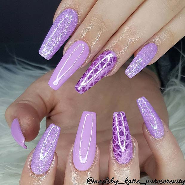 Stylish Purple Nails with Mermaid Art
