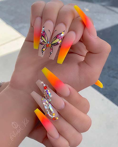 Tropical Ombre with Butterfly Art and Rhinestones