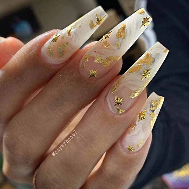 White Marble Nails with Gold Foil and Stars