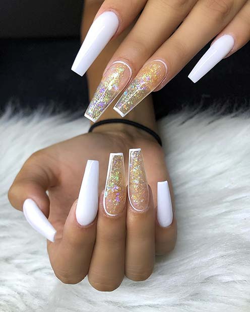 White Nails with Clear and Sparkly Accent Designs