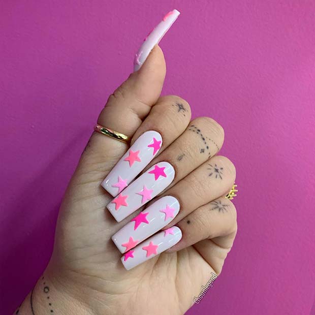 White Nails with Pink Stars