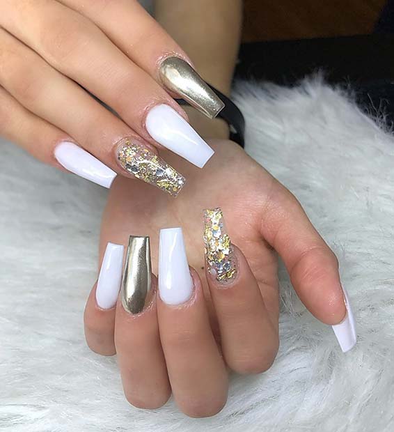 White and Silver Coffin Nails with Foils
