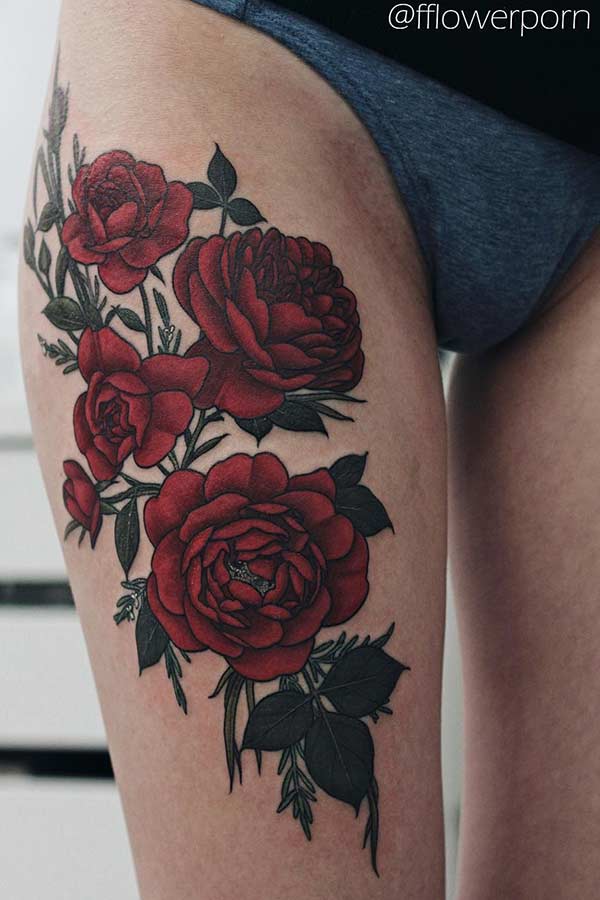 Big Red Roses Thigh Tattoo