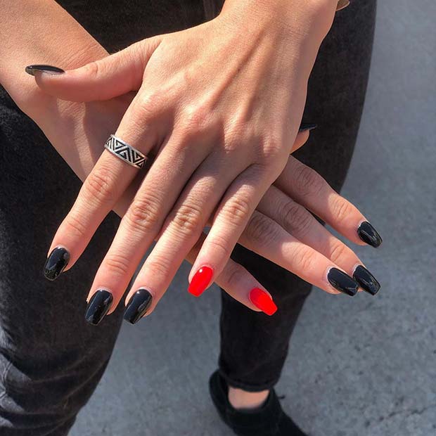 Black Nails with a Red Accent Nail