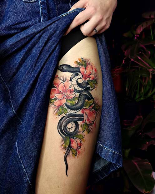 Black Snake Thigh Tattoo with Flowers