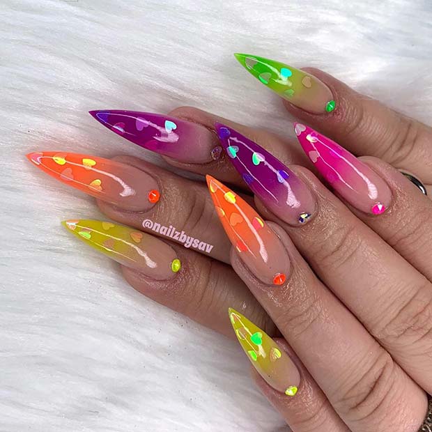 Colorful Ombre Nails with Hearts