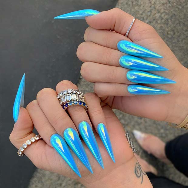 Bright Blue Chrome Stiletto Nails