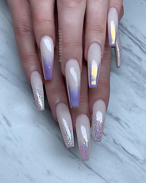 Chrome and Glitter Ombre Coffin Nails