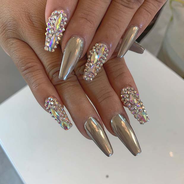Silver Chrome Nails with Rhinestones