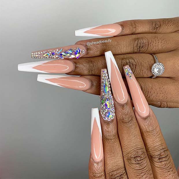 French V Tip Nails with Rhinestones