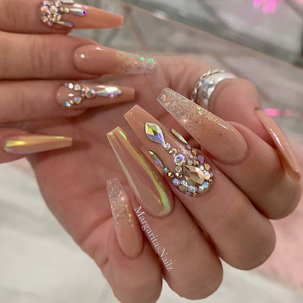 Glam Coffin Nails with Rhinestones
