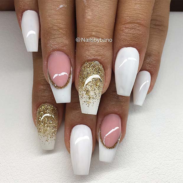 White and Gold Coffin Nails