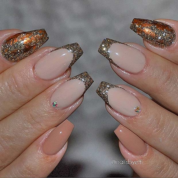 Gold Glitter and Bronze Foil Nails