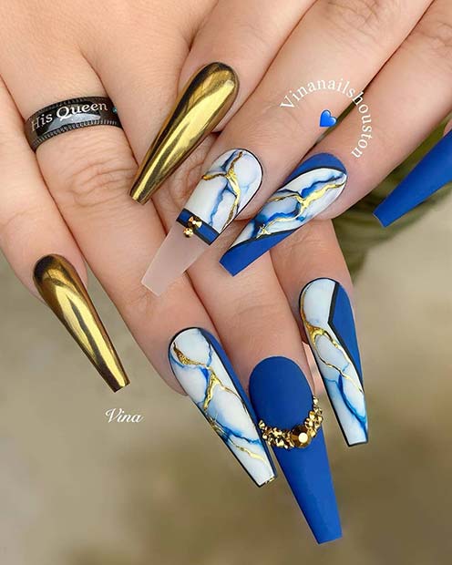 Gold and Blue Nails with Marble Art
