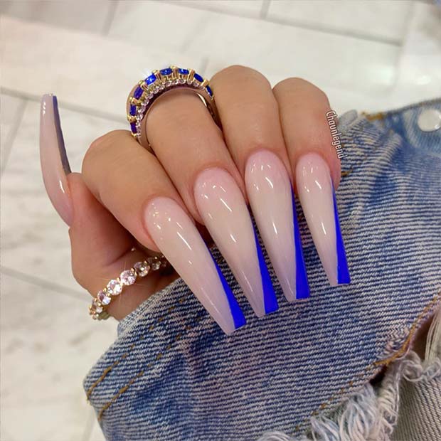 Nude Coffin Nails with Blue Art