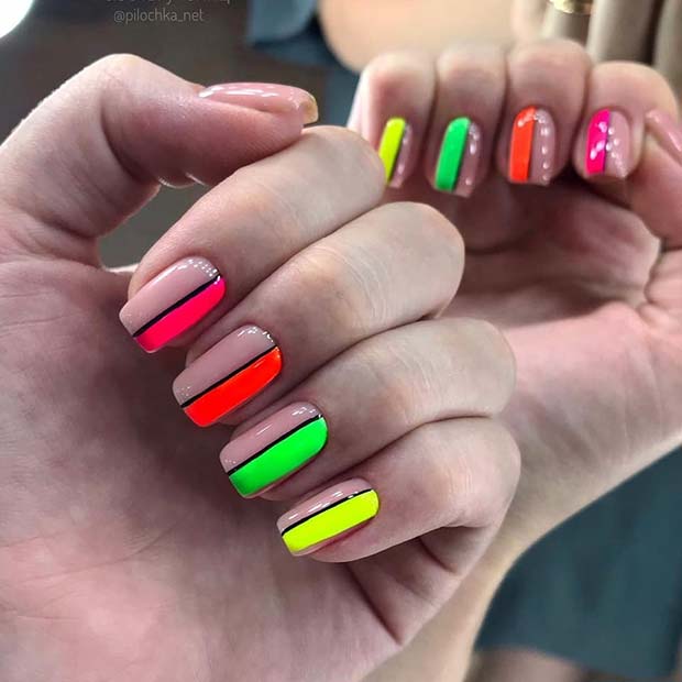 Nude Nails with Colorful Stripes