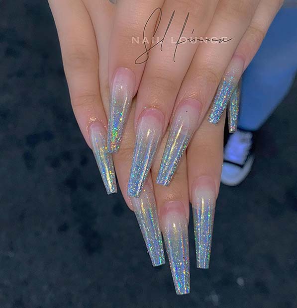 Nude Nails with Silver Holographic Tips