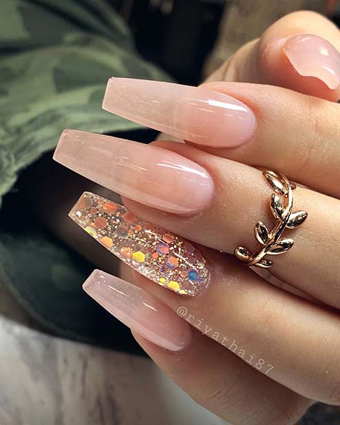 Nude Nails with a Glitter Accent Nail