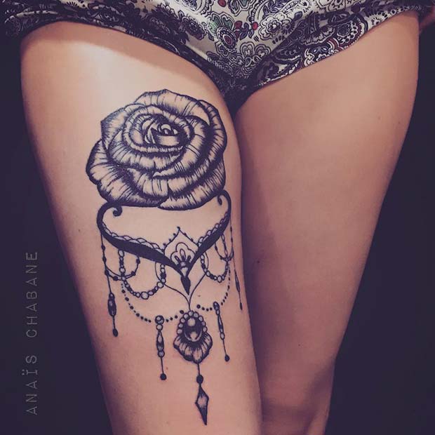 Ornamental Rose Thigh Tattoo