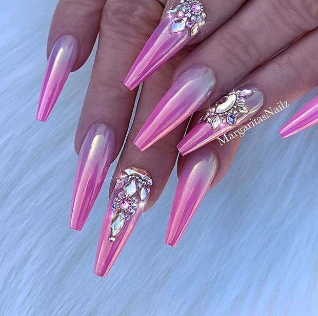 Pink Chrome Nails with Rhinestones