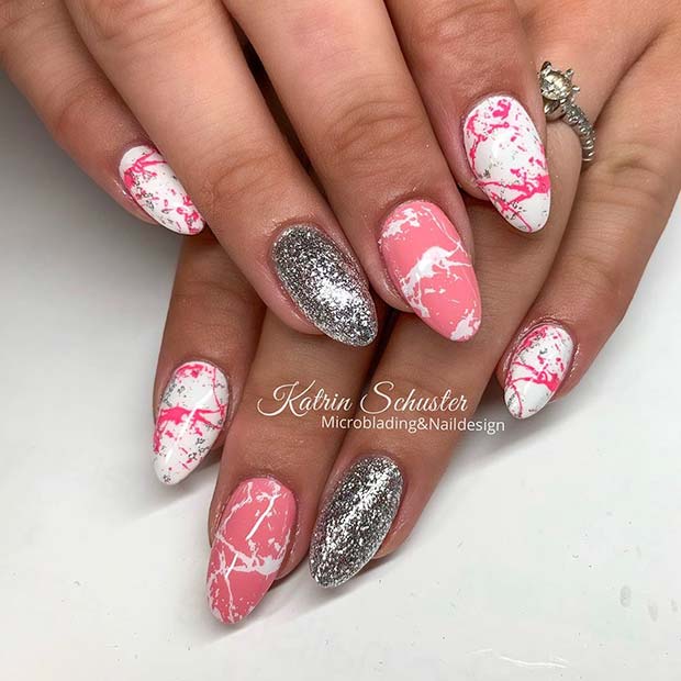 Pink Marble and Glitter Nails