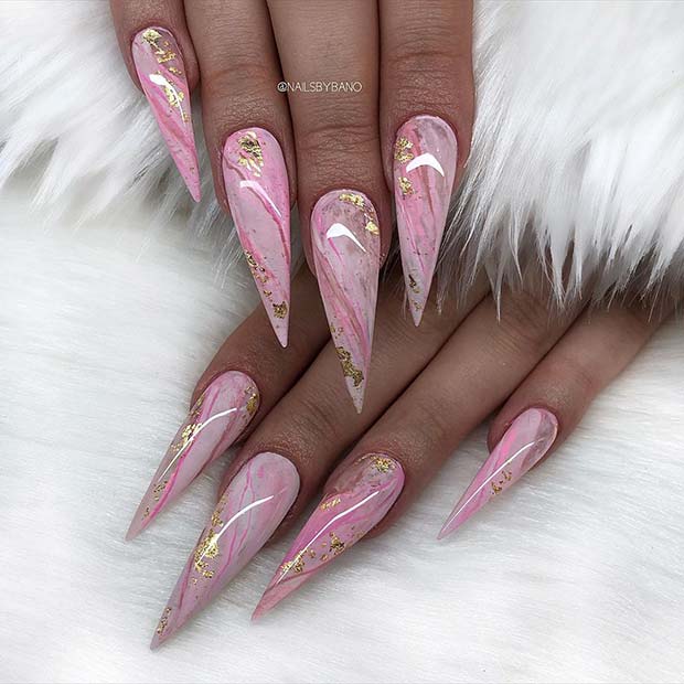 Light Pink Marble Nails with Gold Foil