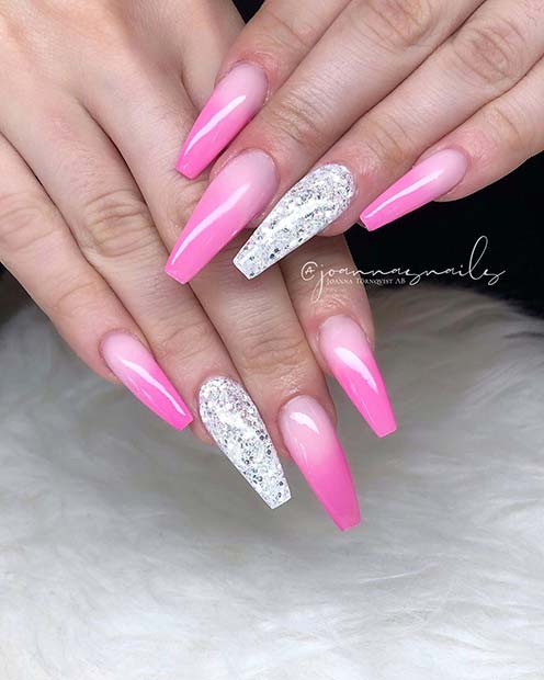 Pink Ombre Nails with Silver Glitter
