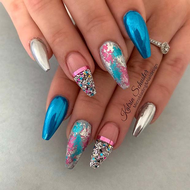 Pink and Blue Coffin Nail Design