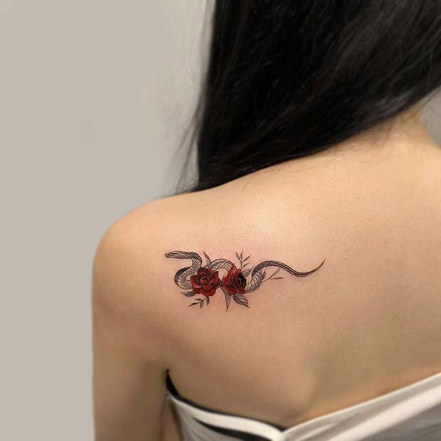 Pretty Snake Tattoo with Roses